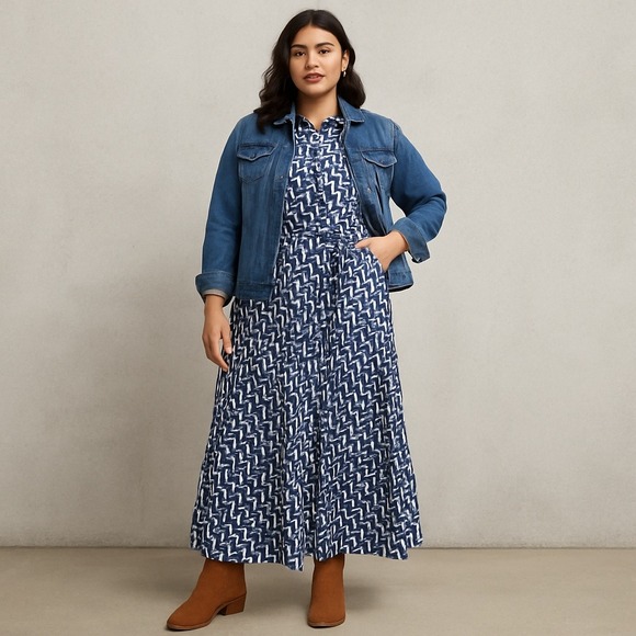 Boden Navy White Geometric Shirt Dress 100% Cotton Belted Tiered Maxi 14R - Picture 1 of 9